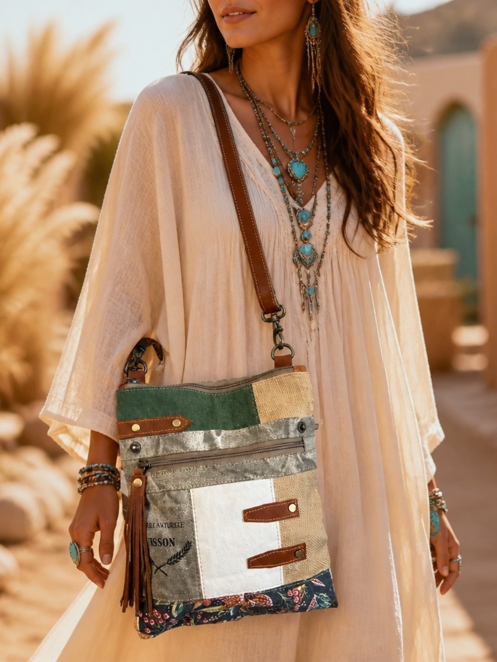 Myra Bag Western Upcycled Canvas Leather Floral Crossbody Purse